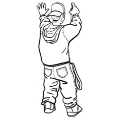Rear view of a hip hop graffiti sprayer with baggy pants and hoody. monochrome, outline, doodle, vector.