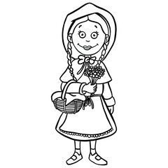 Cartoon drawing of a little girl with a hood and picnic basket in her arm. little red riding hood, fairy tale, coloring book.