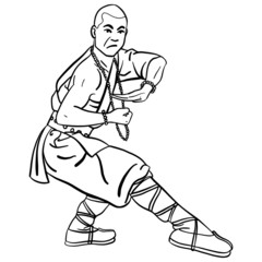 Hand drawn vector illustration of a comic shaolin monk in old traditional clothes standing there.