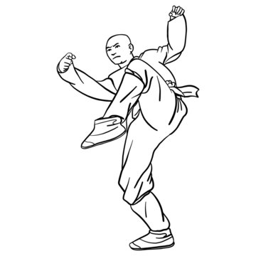 Hand drawn vector illustration of a comic shaolin monk in old traditional clothes standing there.
