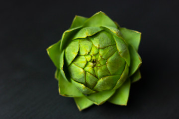 Artichoke, fresh, green, inflorescence of an artichoke on black background. Healthy food concept, plant background, natural eco-products, organic food, vegetarian, vegetables, raw, food art