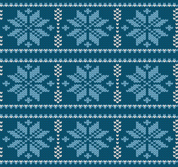 Snowflakes. Geometric backdrop. Seamless decorative background. Jacquard weave. Knitted pattern for sweater, socks.