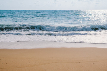 ocean blue wave on sandy beach,  Summer background.