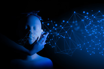 digital data deep learning ai robot bionic automatic face, technology network, cyberpunk futuristic...