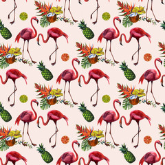 Tropical wildlife flamingo  seamless pattern. Hand Drawn jungle nature, flowers illustration. Print for textile, cloth, wallpaper, scrapbooking