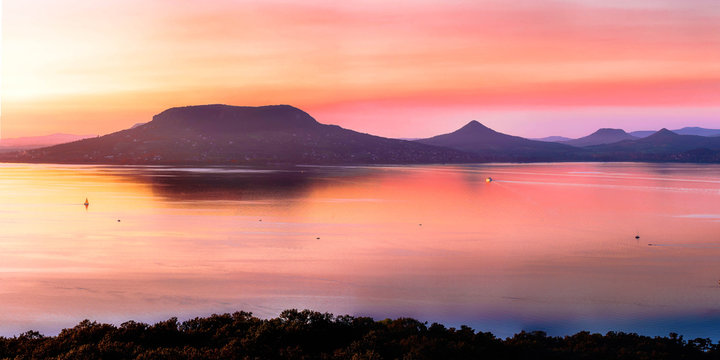 Panorama view of lake balaton sunset, Fony&oacute;d, plattensee, hungary