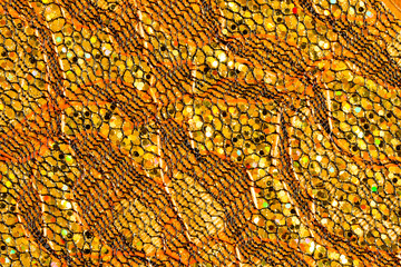 Abstract textured background of netting fabric with gold sequins