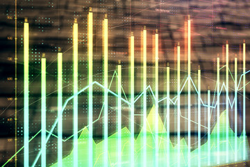 Financial chart hologram with abstract background. Double exposure. Concept of market analysis