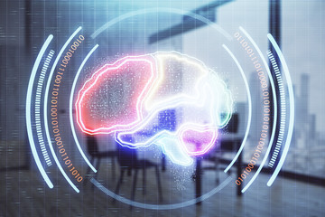 Brain sign hologram with minimalistic cabinet background. Double exposure. Ai concept.