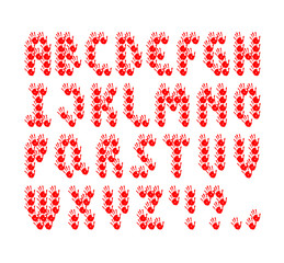 Alphabet latin Letters from red hand prints on white background. Modern text design. Font for poster, banner, logo, print for kids.