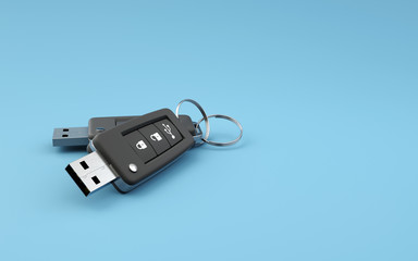 Usb stick as car key concept on blue background. Safe data storage minimal idea. Pen drive isolated symbol for data storage icon. 3D illustration.