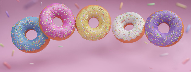 Pastel donuts with frosting and sprinkles in motion. Doughnuts with glaze flying over pink background. Creative bright 3d illustration with copy space. Banner concept