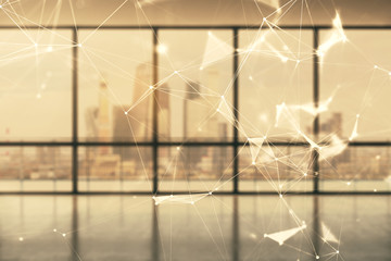 Double exposure of abstract technology hologram on empty room interior background.