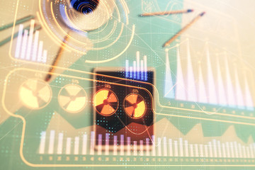 Double exposure of business theme drawings on digital tablet on the table background. Concept of online business