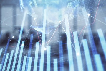 Stock and bond market graph and world map with trading desk bank office interior on background. Multi exposure. Concept of international finance