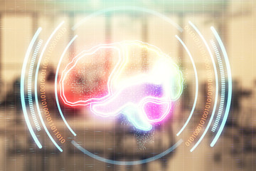 Human brain drawing with office interior on background. Double exposure. Concept of innovation.