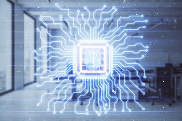 Human brain drawing with office interior on background. Double exposure. Concept of innovation.