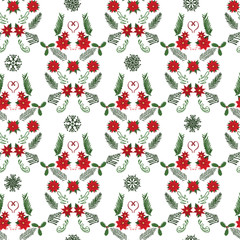 Winter creative Christmas damask pattern with poinsettia, evergreen branches and snowflakes. Vector