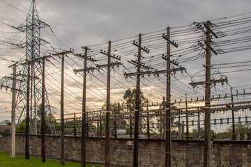 Electric power distribution substation in late afternoon.jpg