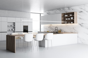 White marble kitchen corner, countertop and chairs