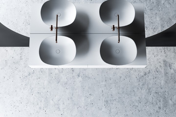 Top view of double sink in gray bathroom