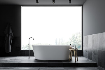 Fototapeta na wymiar Gray and tiled panoramic bathroom with tub