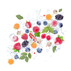Fresh berries with water splash and ice cubes on white