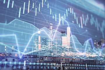 Double exposure of financial chart on Moscow city downtown background. Concept of stock market analysis