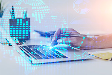 Woman typing on laptop, global network interface