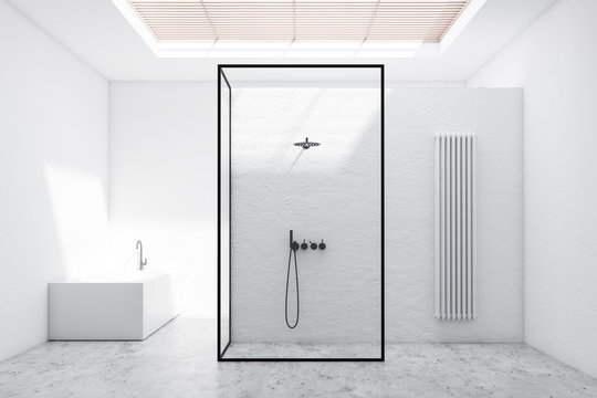 White bathroom interior, shower and tub
