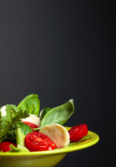 Green salad with mozzarella, tomato, basil and olive oil in green plate.