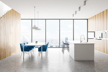 Wooden panoramic kitchen interior with table