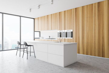 Wooden kitchen corner with white bar