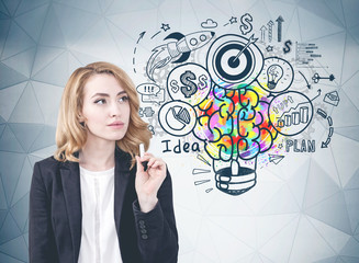 Thoughtful woman with marker and her business idea