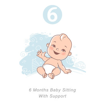 Little baby of 6 month.  Physical, emotional development milestones in first year.  Cute little baby boy or girl  in diaper sitting. Infographics  with text. Vector illustration.