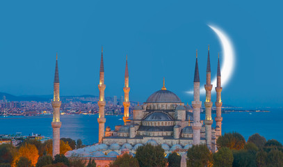 The Sultanahmet Mosque (Blue Mosque) with crescent moon - Istanbul, Turkey