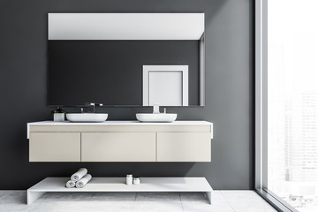 Fototapeta na wymiar Gray panoramic bathroom interior with sink