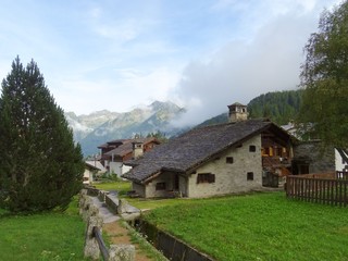 The architecture of the small town of Macugnaga and its hamlets, in the Italian Alps - July 2019.