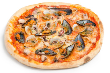 Italian pizza with seafood on white background.Selective focus