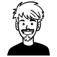 a laughing face of a young man with chin beard showing the teeth. upset man. doodle, monochrome.