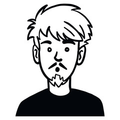 Hand drawn vector comic head of an astonished young man with chin beard and open mouth. monochrome, doodle, illustration.
