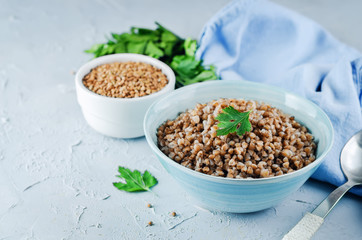 Buckwheat porridge with fresh parsley leaves