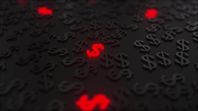 Glowing red dollar signs among black USD symbols. Conceptual 3D animation
