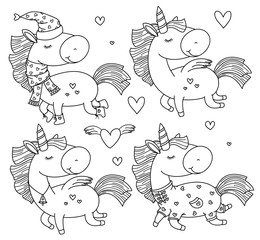 Vector  unicorn cartoons, black silhouette for coloring.