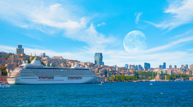 Luxury cruise ship in Bosporus with full moon - Istanbul, Turkey "Elements of this image furnished by NASA