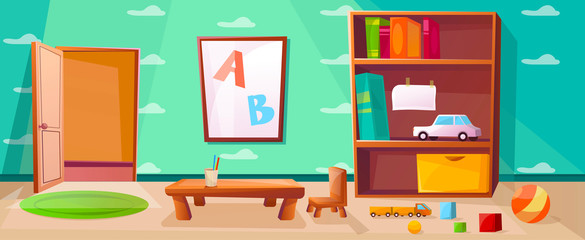 Playroom for kids or children with games, toys, abc. Interior with open door and wardrobe. Elementary school class with table for studying. Wallpaper with cloud illustration.