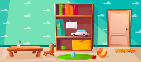 Playroom for kids or children with games, toys. Interior with door and wardrobe. Elementary school class with table for studying. Wallpaper with cloud illustration.