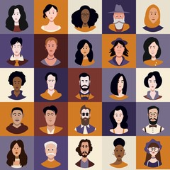 People of different races and ages Avatar Set Vector. Man, Woman. People User Person. Trendy Image. Cheerful Worker Avatar. Round Portrait. Flat Cartoon Character Illustration	