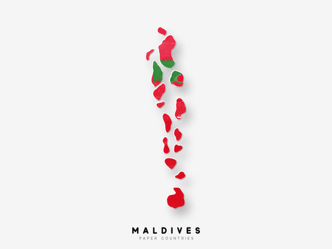 Maldives detailed map with flag of country. Painted in watercolor paint colors in the national flag
