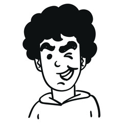 Face of a boy who winks and laughs. outline comic illustration.